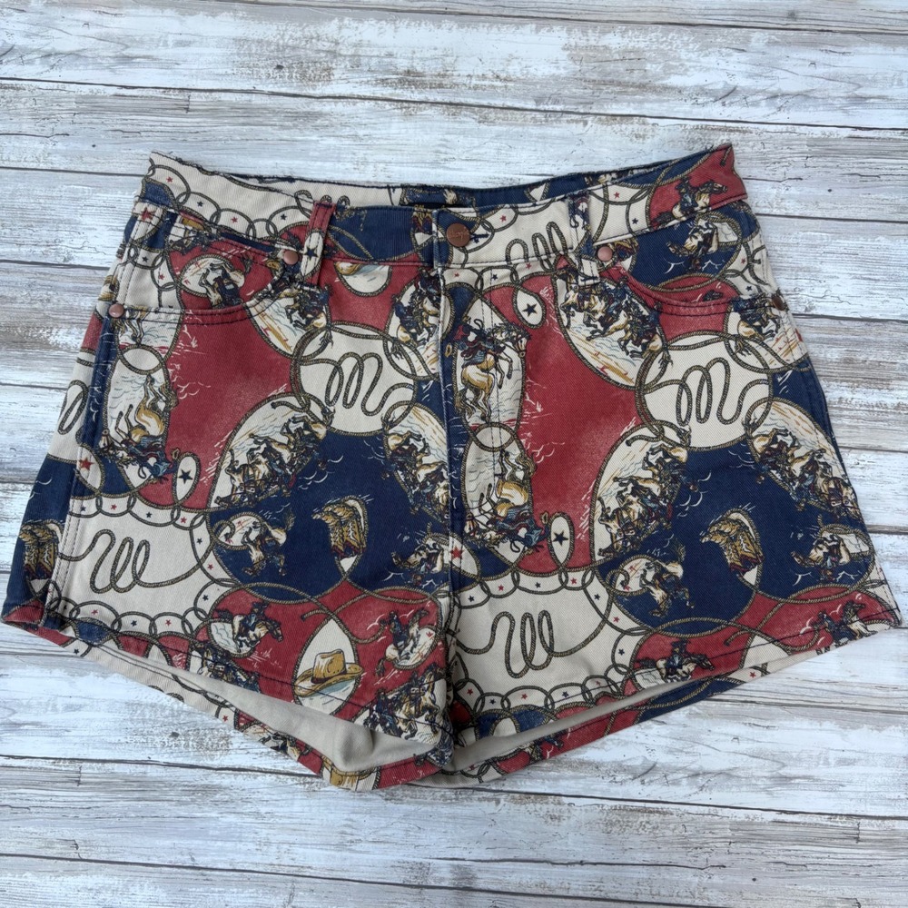 Wrangler Rodeo Print Denim Shorts 32 Red Blue High Rise Western Cowgirl Festival